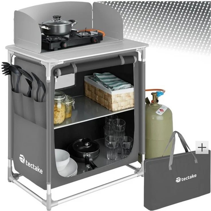 tectake Campingtisch Campingküche Premium mit Aluminiumgestell und 2 Fächern (1-St), faltbar – Bild 4
