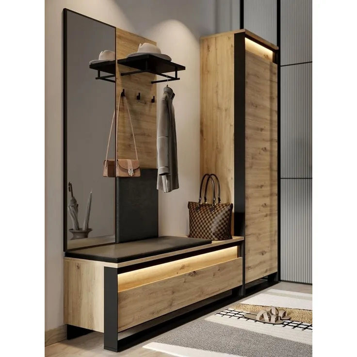 Compleo Garderoben-Set LIMA mit Kleiderschrank, Spiegel und LED-Beleuchtung für den Flur, Eiche Artisan/Schwarz, Push-to-open, Loft-Stil, platzsparend