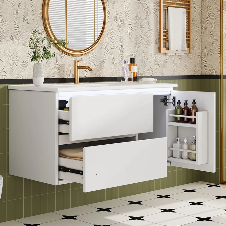 91.5×46.5×50.5cm wandhängender Waschtischunterschrank,hochwertig lackiert,LED-Radarsensorleuchte, Ablagefach an der Tür, zwei Schubladen mit geräuschlosen Auszugsschienen,Keramikwaschbecken,weiß – Bild 1