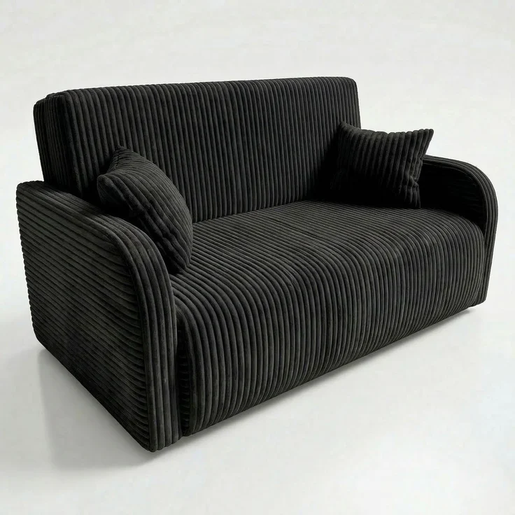 Wohnero24 Lirena 3 Schlafsofa 155x95 cm mit Bettfunktion 133x195 cm – 2-3 Sitzer Cord Sofa ausziehbar mit Bettkasten, kleines Schlafsofa für Wohnzimmer - Schwarz – Bild 2