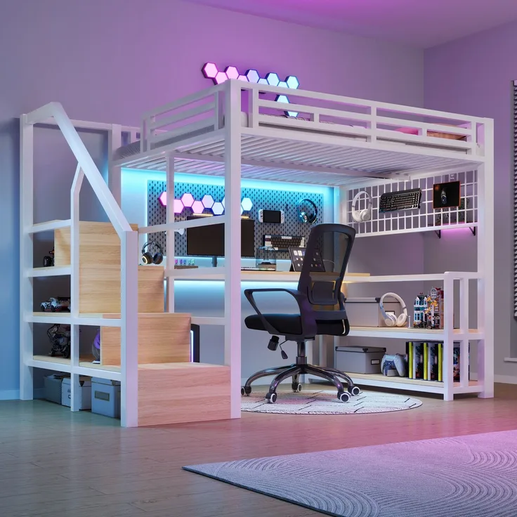 Hochbett mit RGB LED-Streifen, Schreibtisch, Treppe, Regal, Wandgitter, USB, Type-C, 140x200cm, Kinderbett, Metallbett