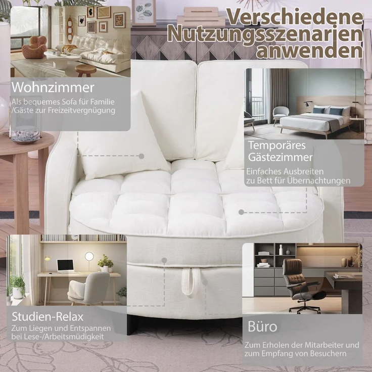 Multifunktionales Sofa, 2-in-3 Sofa-Bett mit Aufbewahrungs-Hocker atmungsaktiver Stoff für kleine Räume, Stoff und Eukalyptusholz, Black, – Bild 7