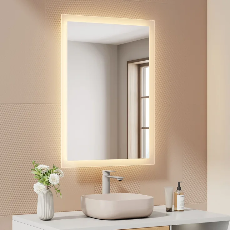 EMKE LED Badspiegel mit Beleuchtung 70x50cm Warmweiß Licht Badezimmerspiegel Wandschalter (nicht enthalten)