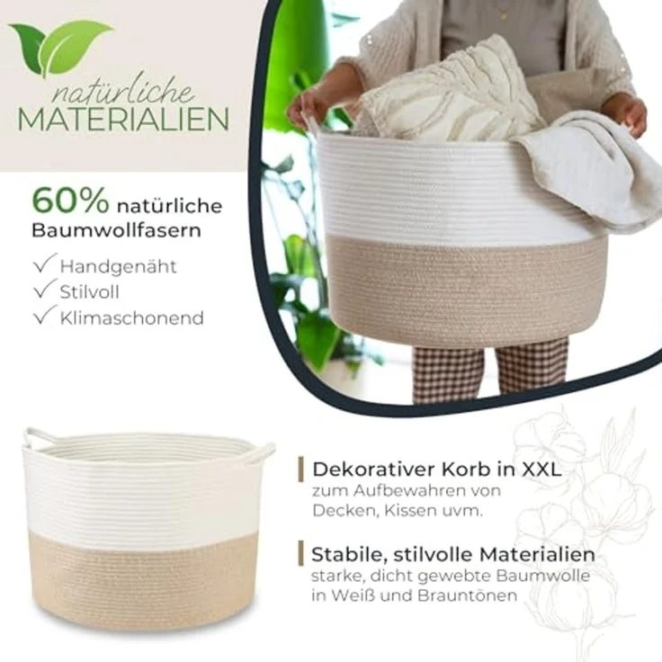 HMF Aufbewahrungskorb XXL Wäschekorb aus Baumwolle, runder Aufbewahrungskorb mit Griffen, 55 x 35 cm, Weiß-Braun – Bild 2