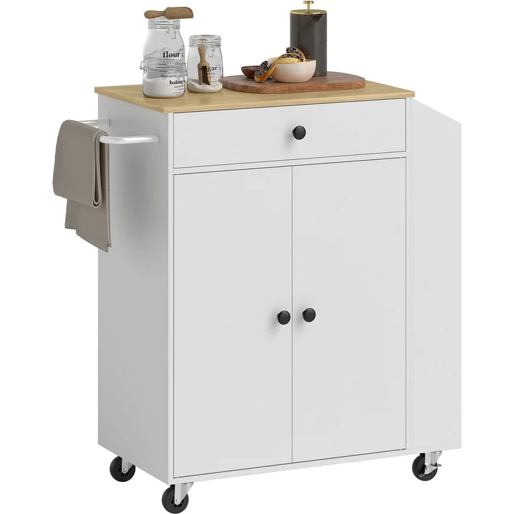 MELAYR, Küchenwagen mit Schublade, Schrankfach, Gewürzregal, Handtuchstange, 82 x 38 x 86.5 cm, Weiß/Eiche – Bild 2