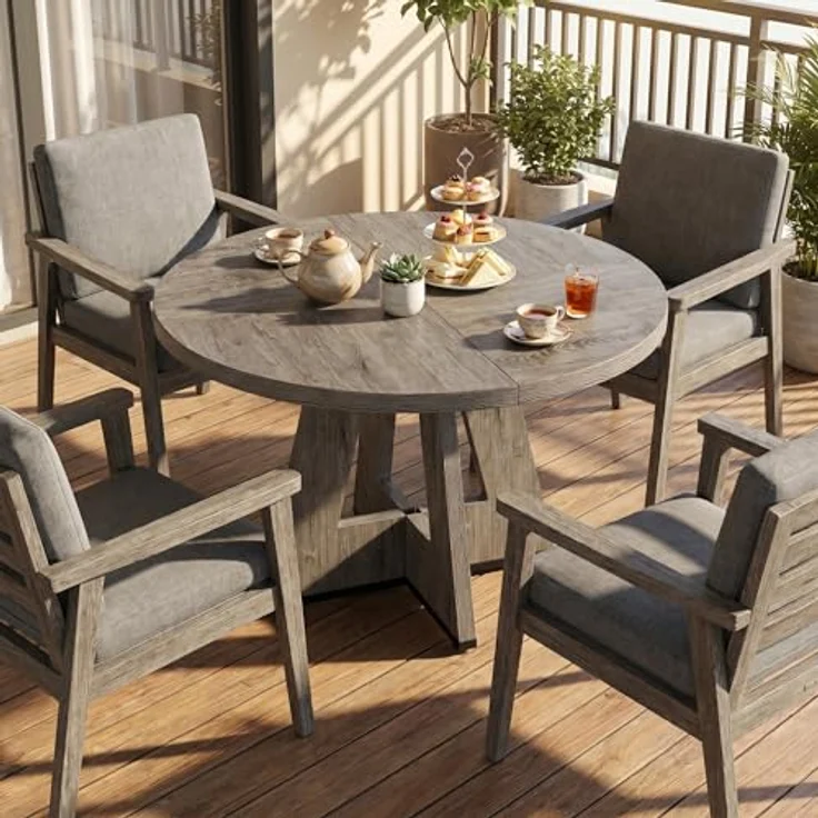 LITTLE TREE Runder Esstisch 120 cm, Esszimmertisch mit Holzsockel für 4–6 Personen, Kleiner Küchentisch im Minimalistischen Design, für Wohnzimmer Balkon Esszimmer, Grau – Bild 8