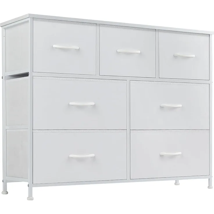 DUMOS Kommode für Schlafzimmer mit 7 Stoffschubladen hohe Kommode Organizer für Kleidung Schrank Kinderzimmer Aufbewahrungsturm mit Schrank Metallrahmen Holzplatte leichte Kinderzimmermöbel