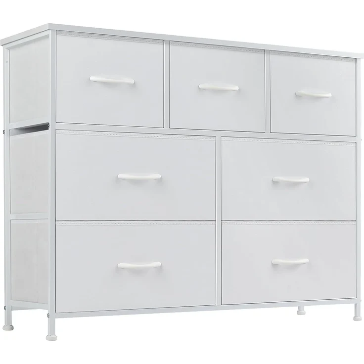 DUMOS Kommode für Schlafzimmer mit 7 Stoffschubladen hohe Kommode Organizer für Kleidung Schrank Kinderzimmer Aufbewahrungsturm mit Schrank Metallrahmen Holzplatte leichte Kinderzimmermöbel