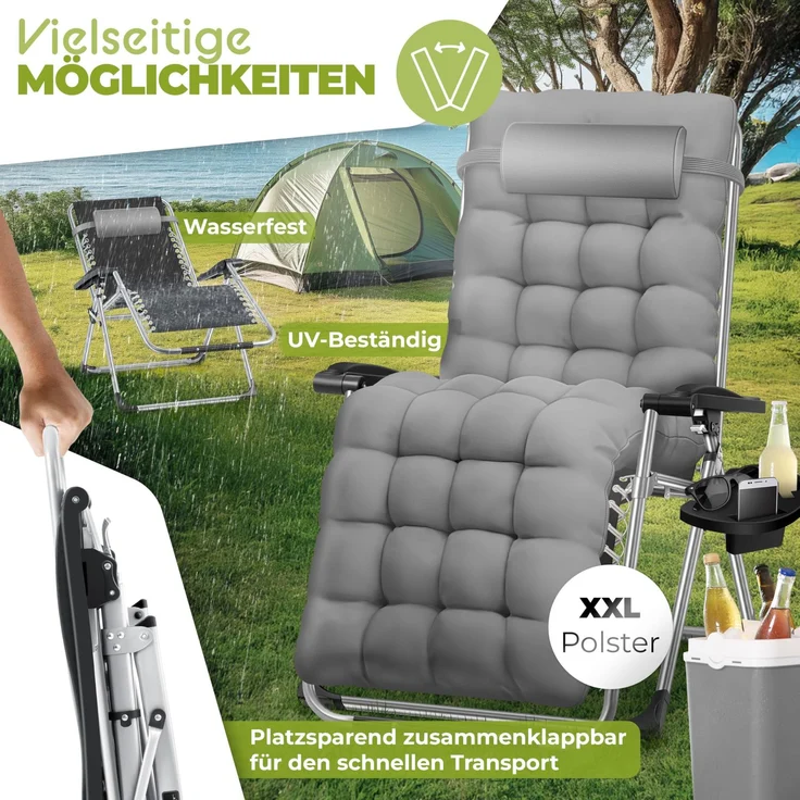 KESSER® Sonnenliege Liegestuhl Klappbar Mit Getränkehalter Gartenstuhl Mit Auflage Polster, Liegestuhl, Extra groß Gartenliege, Verstellbar Rückenlehne Garten Liege mit Kissen-Unterstützung Grau – Bild 6