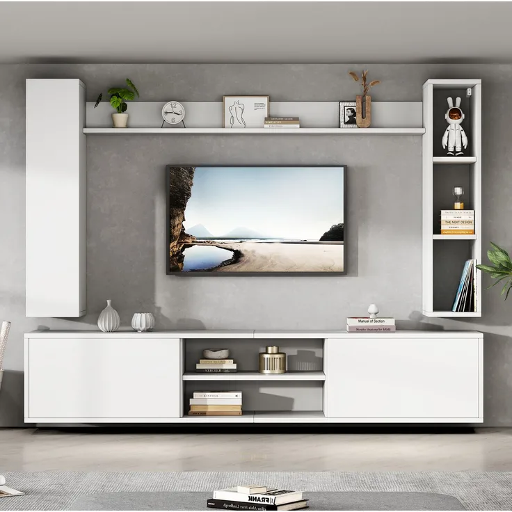 Merax 180cm TV Wohnwand-set mit Vitrinen (Komplett-Set, 4-St), Mediawand inkl. TV-Board, Standregal und 2 Wandregal,TV Wohnzimmermöbel-Set, TV-Schrank, stehend&hängend,TV bis 80', Weiß