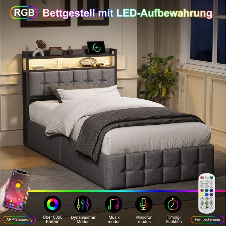 Simurq Stauraumbett Polsterbett 90x200 mit Stauraum, Einzelbett mit Gasdruckfeder (RGB LED, USB & Type-C Anschluss, Stauraum-Kopfteil), Stauraumbett, Bett mit Bettkasten, modernes Einzelbett – Bild 4