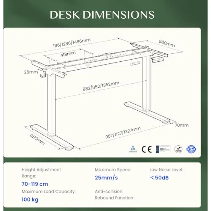 FLEXISPOT Höhenverstellbarer Schreibtisch Gestell, Elektrisch Tischbeine mit 2 Motoren & LED-Höhenanzeige & 4 Speicherfunktionen, inkl. 2 Haken & Kabelmanagement, Mousseweiß – Bild 2