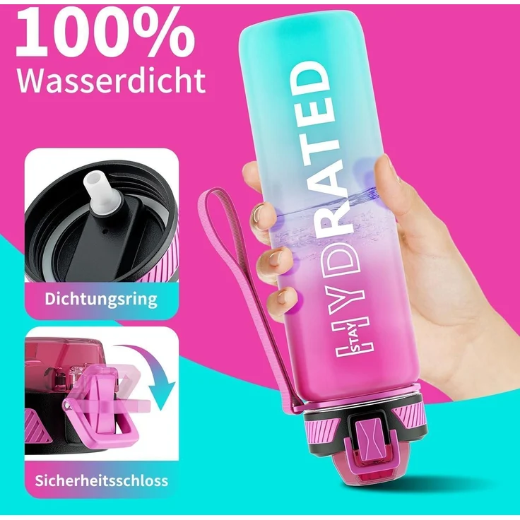 QLUR Trinkflasche 1L BPA-Frei mit Strohhalm und Zeitmarkierung Lila Grün – Bild 4