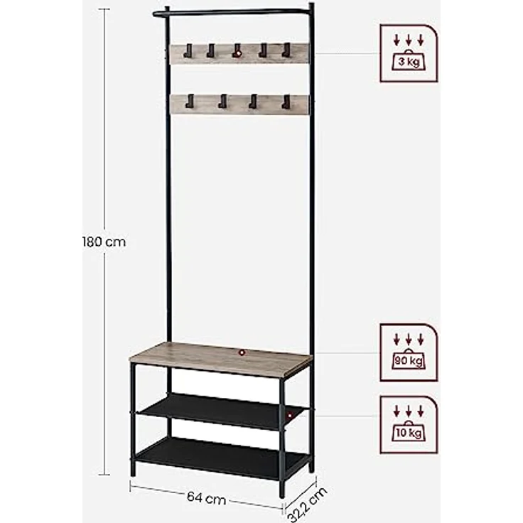 VASAGLE Garderobenständer, Garderobe mit Schuhbank, Kleiderständer, Kleiderstange, 9 abnehmbare Haken, 32,2 x 64 x 180 cm, Industrie-Stil, für Flur Schlafzimmer, Greige-schwarz HSR411B02 – Bild 7