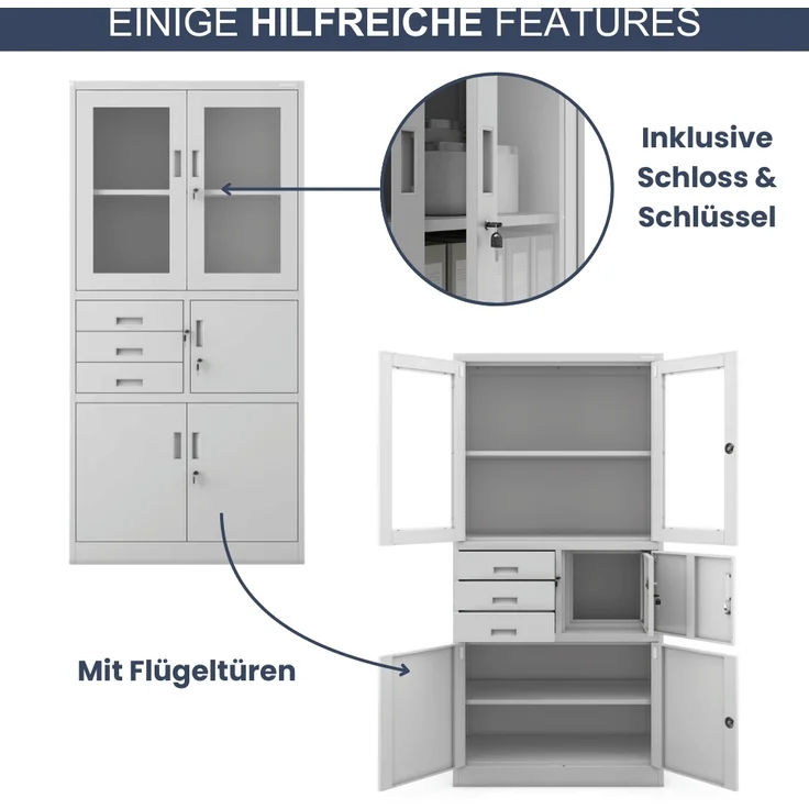 Vitrinenschrank abschließbar GEDO - mit Tresor & Schubladen| Büroschrank aus Stahl Aktenschrank mit Glasfenster Metallschrank Mehrzweckschrank, 185x90x40cm Grau – Bild 5