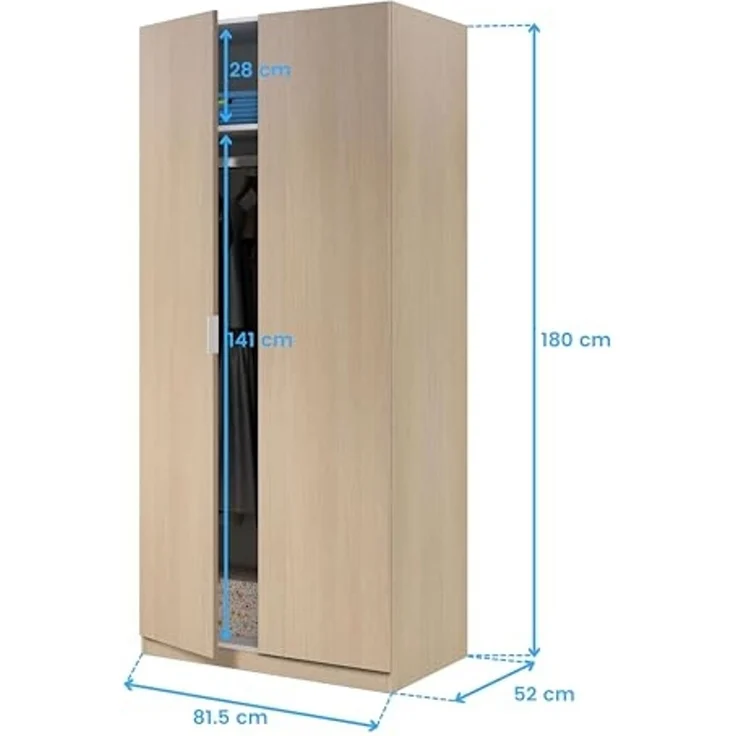 Zweitüriger Kleiderschrank, Eichenfarbe, 81,5 x 180 x 52 cm. – Bild 3