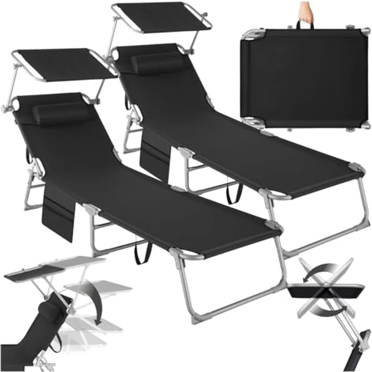 tectake® 2er Set Sonnenliege klappbar und tragbar, Liege mit Seitentasche, Strandliege, Gartenliege mit Dach, Liegestuhl mit Verstellbarer Rückenlehne, Kopfkissen - für Balkon, Terrasse (schwarz) – Bild 2