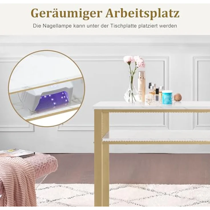 M MCombo Schreibtisch mit Schubladen, Nageltisch mit Regal, Manikürtisch aus Holz Metallgestell, Schminktisch ohne Spiegel Wohnzimmer Modern, Marmor-Weiß Gold, 2498 – Bild 6