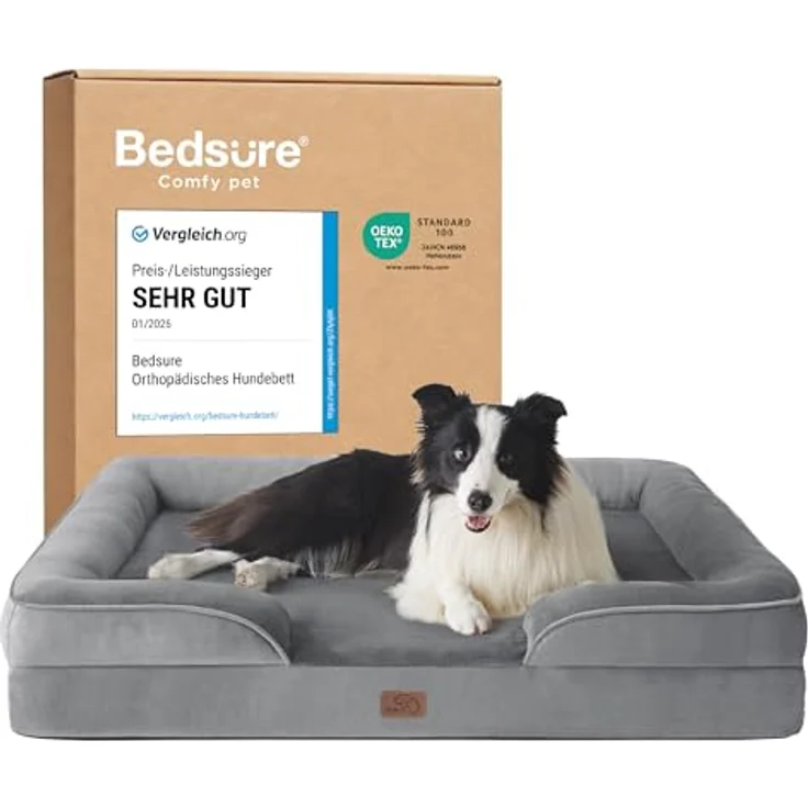 BEDSURE orthopädisches Hundebett Ergonomisches Hundesofa - 89x63 cm Hundecouch mit eierförmiger Kistenschaum für mittlere Hunde, waschbar rutschfest Hundebetten, grau – Bild 2