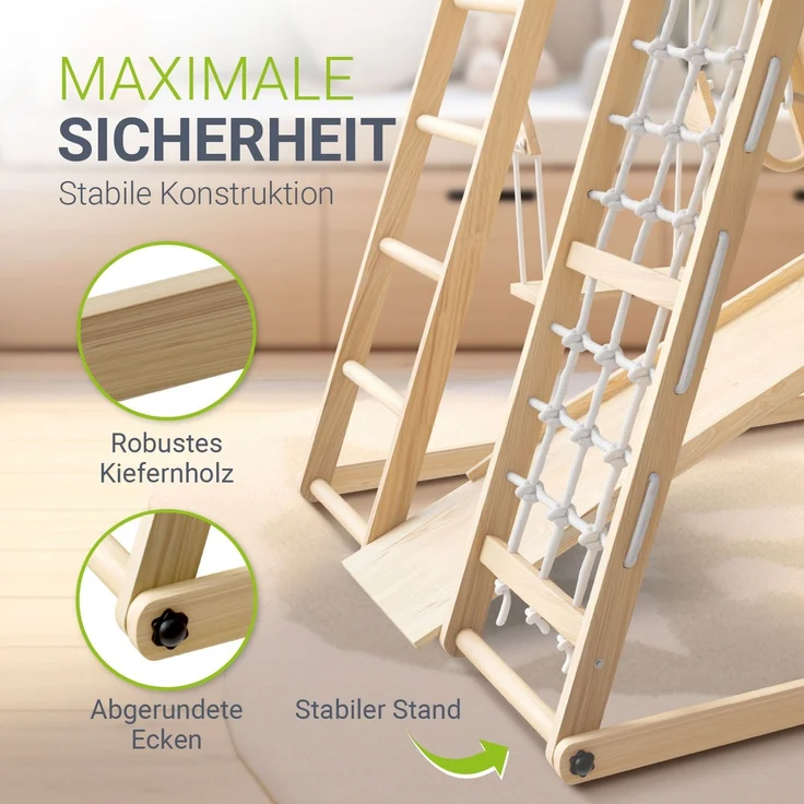 Juskys 'Maxi' Klettergerüst für Kinder - Indoor Spielplatz mit Rutsche, Kletterwand, Kletternetz & Schaukel - Holz Kletterturm klappbar - Holz Natur, 119 x 124 x 119 cm – Bild 4