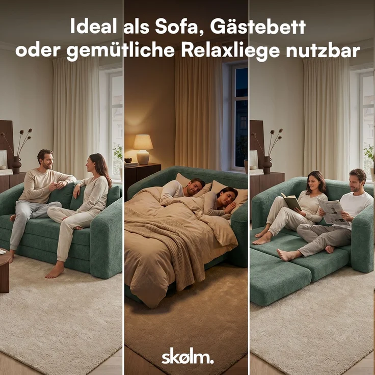 skølm 'Fjäll' Schlafsofa 2 Sitzer mit 2 Kissen, dunkelgrün, Teddy-Bouclé Sofa ausklappbar, mit Liegefunktion, vakuumverpackt ohne Aufbau – Bild 7