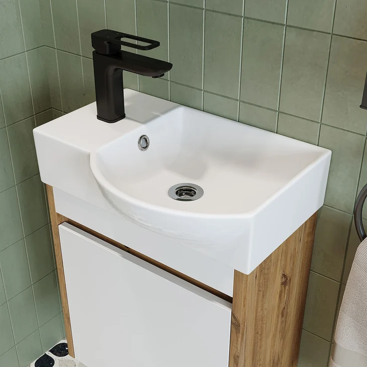 Roomart LEO Badmöbel Set– 2-teiliges Badezimmermöbel Set - Waschbecken mit Unterschrank - H 45 x B 24.5 x T 46.5 cm • Weiß-Eiche – Bild 5