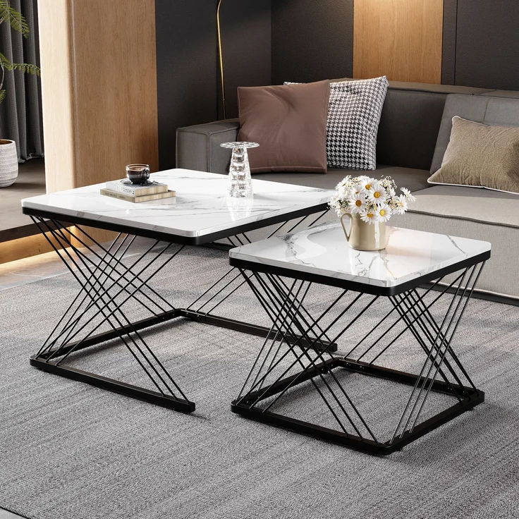 2-teiliges Couchtisch-Set in Weiß mit hochglänzender Marmoroptik, quadratische Beistelltische aus MDF mit höhenverstellbaren Füßen – Bild 5