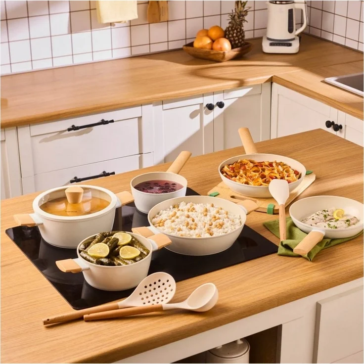 Karaca Topf-Set Swiss Crystal Almond Cream 12-teiliges Kochgeschirr Kochtopf Set, Bratpfanne Kochgeschirr Bratentopf Fleischtopf Stieltopf Pfanne – Bild 2