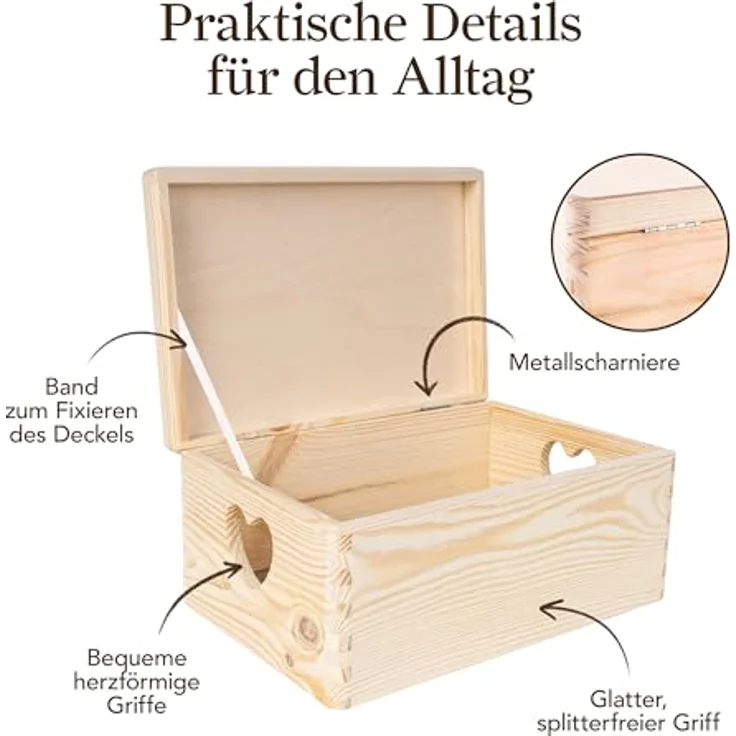Creative Deco Aufbewahrungsbox Holzkiste mit Deckel Erinnerungsbox Holzbox, herzförmige Griffe – Bild 6
