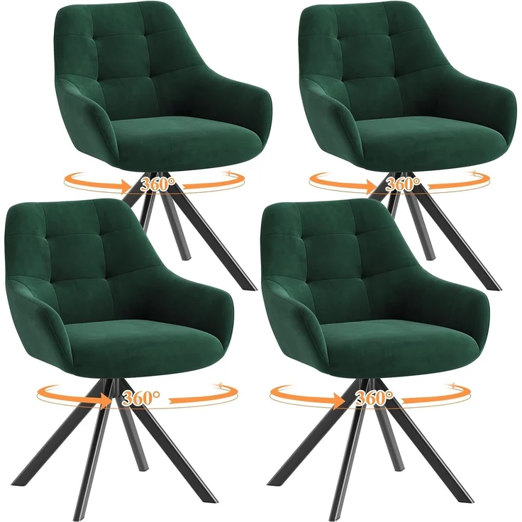 COLAMY Drehbare Esszimmerstühle 4er Set, Esszimmerstühle Drehbar mit Armlehne, Armlehnstuhl Drehbar mit Rückenlehne für Esszimmer, Stühle aus Weichem Florstoff mit Metallgestell für Küche, Grün – Bild 1