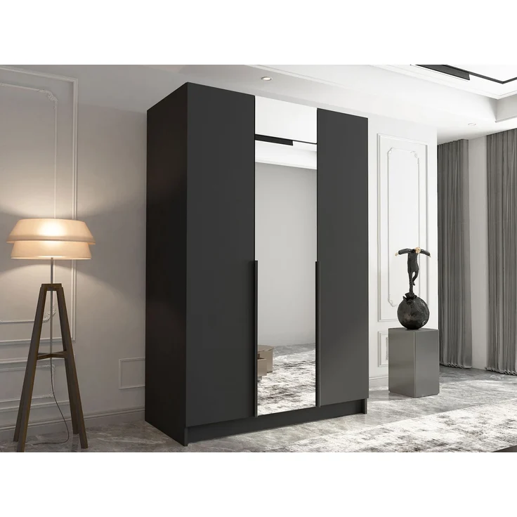 Mirjan24 'Cikzori' Kleiderschrank mit Einlegeböden und Kleiderstange, 3-türig, Laminatplatte, 215 x 58 x 150 cm, Schwarz / Schwarz, mit Spiegeltür – Bild 3