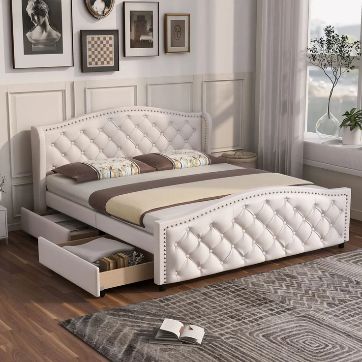 EINHOM Polsterbett 140 x 200 cm - Bett mit Lattenrost, 2 Schubladen und Kopfteil mit Zugpunktnieten – Holz & Kunstleder - Weiß – Jugendbett Gästebett, Weiß PU, (Ohne Matratze) – Bild 1