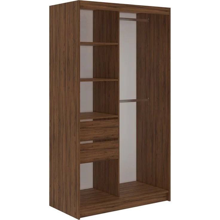 Schwebetürenschrank NAURU mit Lamellen-Optik, moderner Kleiderschrank, Breite 120 cm, inkl. Innenausstattung & Stauraum, Akustikpaneel-Design - Warmia-Nuss und Schwarz - mit Schubladen – Bild 4
