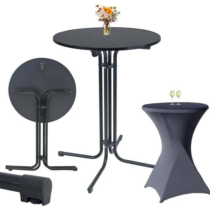 Set Stehtisch klappbar Ø 80 cm in Anthrazit & Husse waschbar bügelfrei in Anthrazit für Bistrotisch