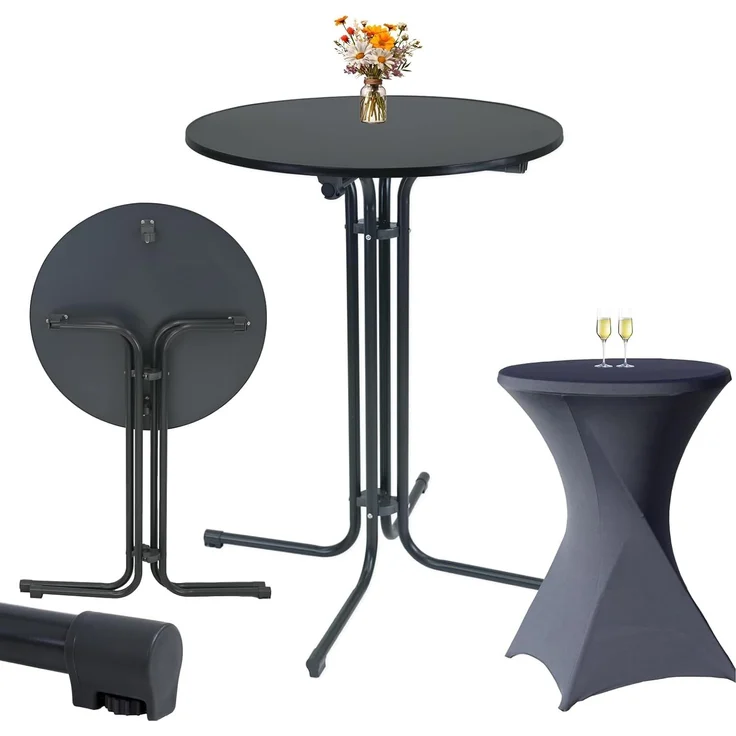 Set Stehtisch klappbar Ø 80 cm in Anthrazit & Husse waschbar bügelfrei in Anthrazit für Bistrotisch