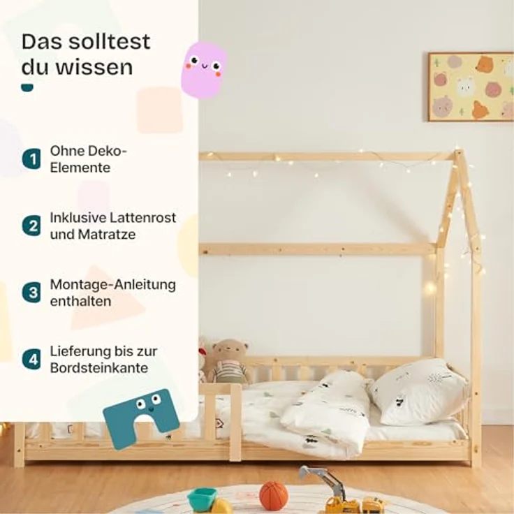 Hausbett Hesel, Kinderbett, Lattenrost und Matratze, Holzoptik, 90x200 cm – Bild 10