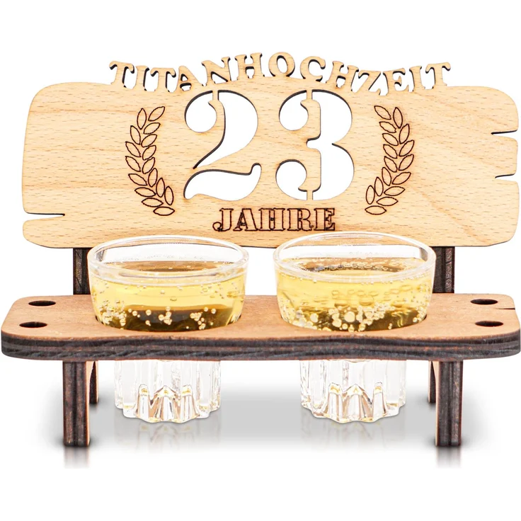 DARO Design - Schnapsbank 23. Hochzeitstag Titanhochzeit Geschenk Deko für Paare Männer Frauen aus Holz mit Gläsern