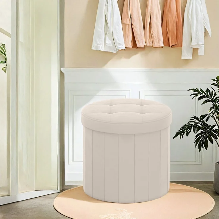 SONGMICS MAZIE Kollektion – Sitzhocker rund, Fußhocker mit Stauraum, faltbarer Hocker mit abnehmbarem Deckel, einfache Montage, Samt, Wohnheim, Schlafzimmer, Wohnzimmer, cappuccinobeige – Bild 2