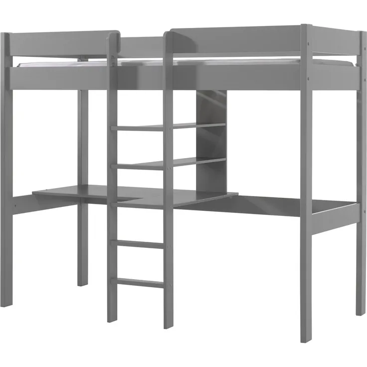 Vipack 'Oliver' Hochbett, mit Schreibplatte, Kiefer massiv grau lackiert, 90x200 cm