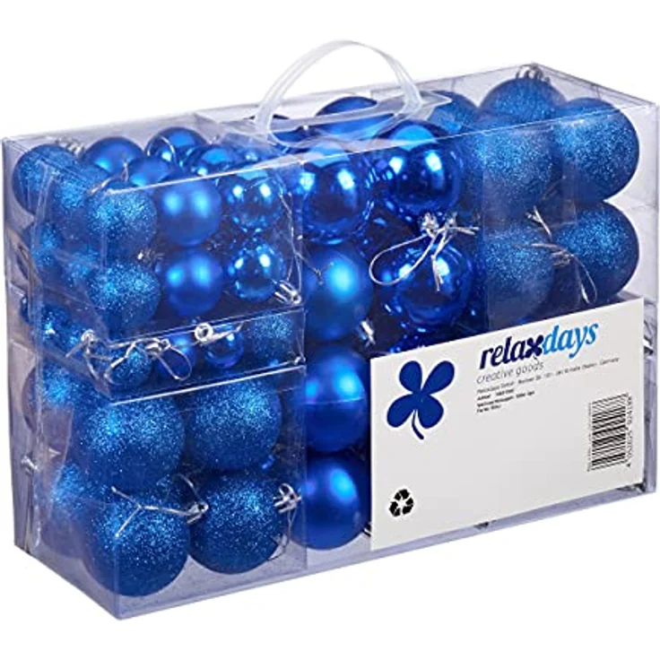 Relaxdays Weihnachtskugeln Set, 100er Set in Blau, Kunststoff, matt, glänzend, glitzernd, Durchmesser 3, 4 & 6 cm – Bild 1