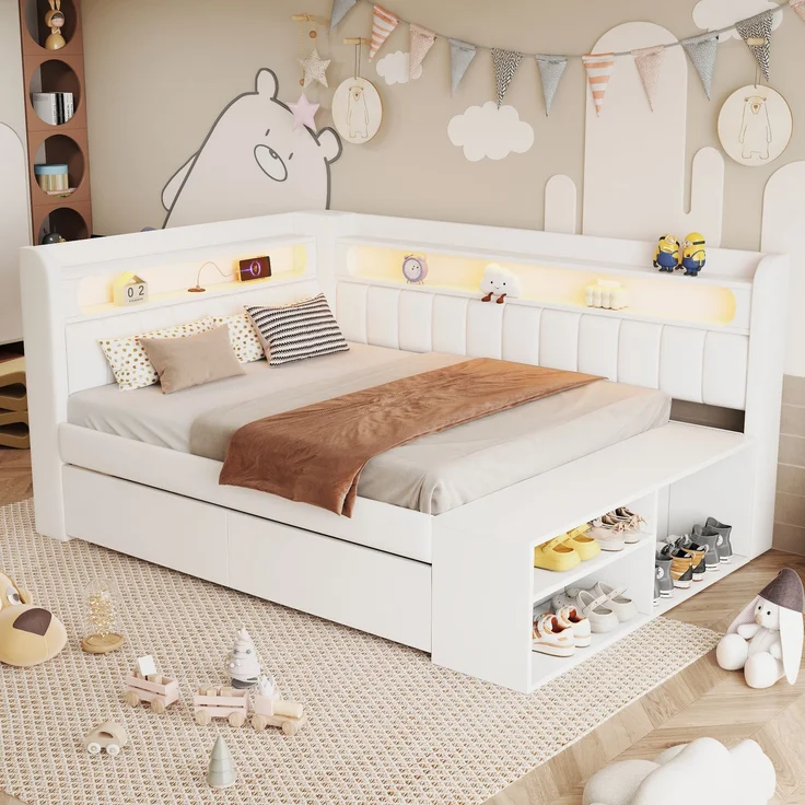 Merax Kinderbett, Einzelbett, Schlafsofa 90x200cm mit USB-Anschluss und LED-Lichtleiste, inklusive Schuhschrank und zwei Schubladen, weiß – Bild 3