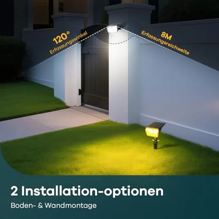 Linkind solarlampen 2 in 1 Solar Strahler Außen mit Bewegungsmelder 3000K & 6500K, 60-LEDs Außen Gartenstrahler mit Dauerlicht und Lade-anzeige, IP67 Wasserdicht Solar Wegelampen 8M/120°, 3 Stück – Bild 8
