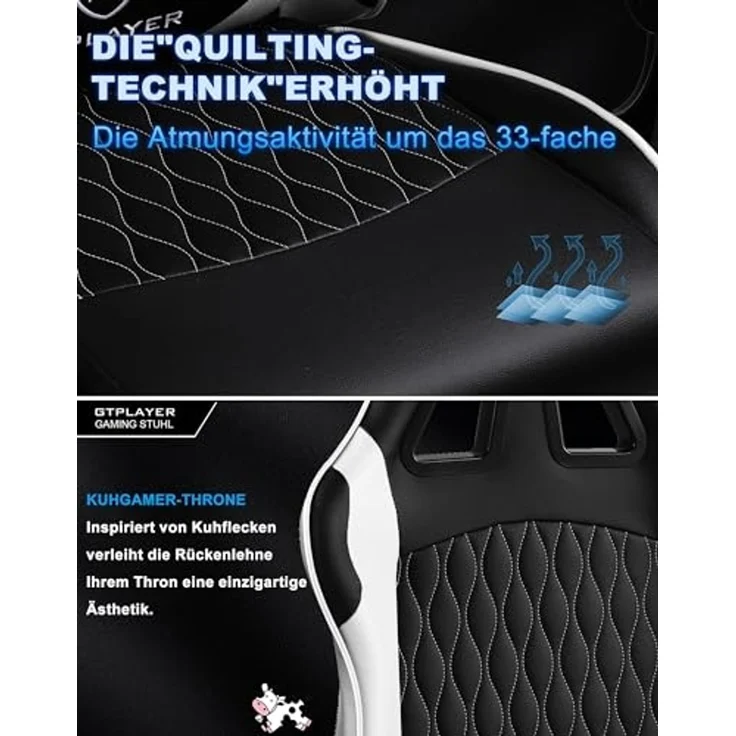 GTPLAYER Gaming Stuhl, Gamer Stuhl, Ergonomischer Bürostuhl mit mit Fußstütze verstellbare Lenden und Kopfkissen, Gaming Chair Gepolstert, Gaming Sessel 150 kg Belastbarkeit weiß – Bild 5