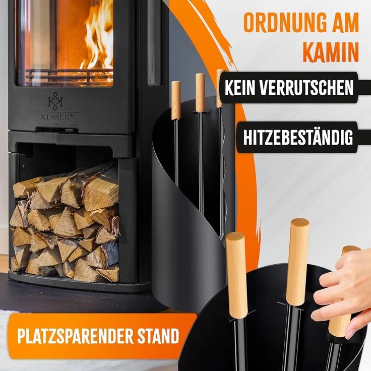 KESSER® Kaminbesteck Set 4-teiliges Kaminzubehör – Modern Design, beschichtet, Hochwertige Kamingarnitur aus 4 Teilen: Besen, Schaufel, Schürhaken, Ständer Stahl Edelstahlgriffe Anthrazit – Bild 4