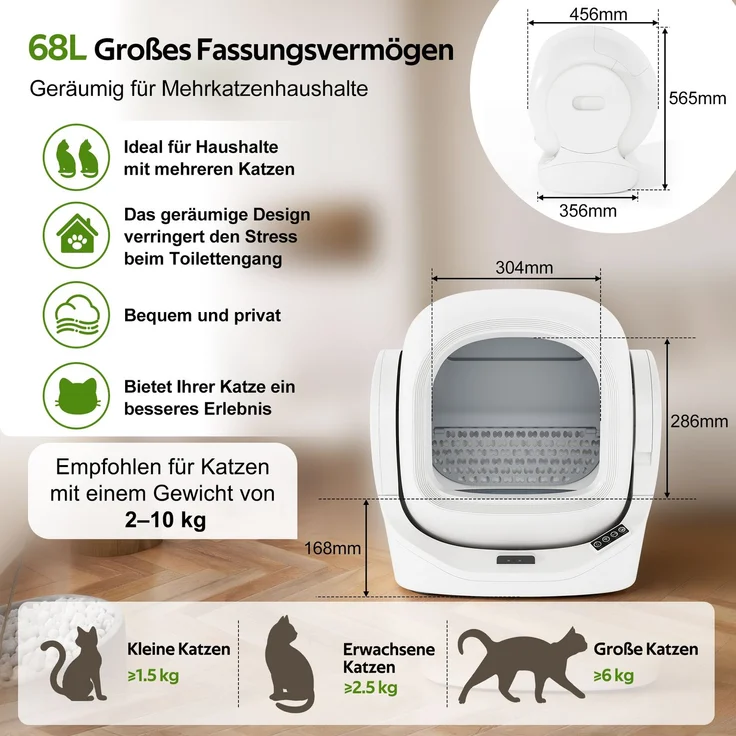 Intelligente automatische Katzentoilette mit App-Steuerung, 68L Großraum, 8L Abfallbehälter, Aromabox, Infrarot-Sicherheit, für 1–2 Katzen, selbstreinigend, leise, kindersicher--Weiß--53x45.5x56.5cm--YOUDENOVA – Bild 7