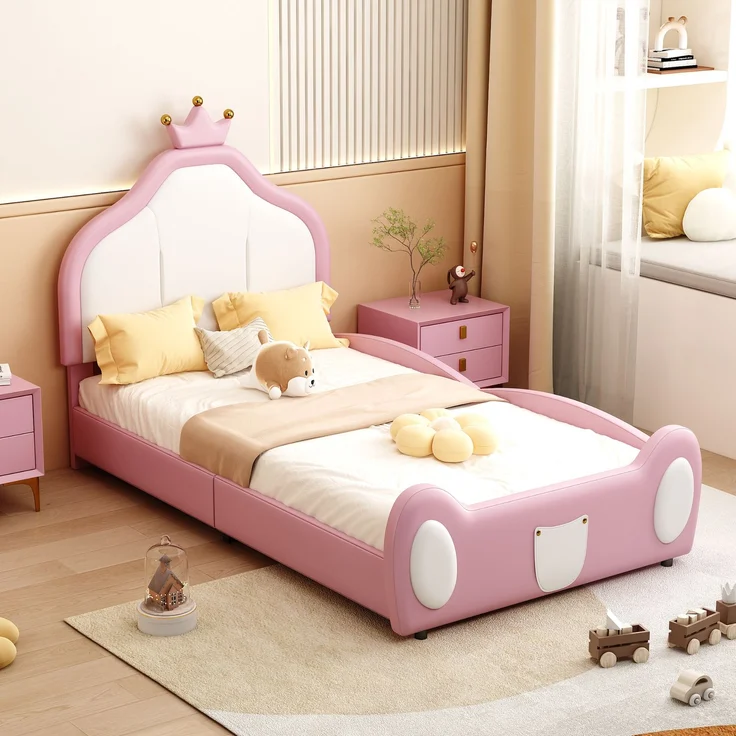 Kindereinzelbett 90×200 cm aus Kunstleder mit kronenförmigem Kopfteil, rosa – Bild 3