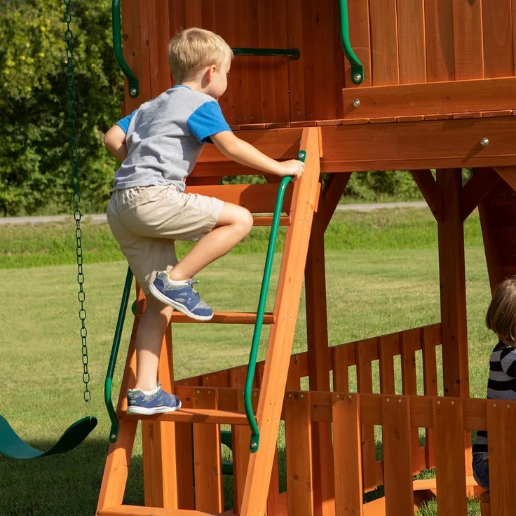 Backyard Discovery Spielturm Skyfort II aus Holz XXL Spielhaus für Kinder mit Rutsche, Schaukel, Trapezstange, Kletterwand und Aussichtsturm | Braun | Holz | 670 cm – Bild 3