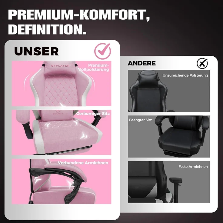 GTPLAYER Gaming Stuhl Ergonomischer, PC Stuhl Atmungsaktiver Stoff, Groß und Hoch Drehbarer Schreibtischstuhl mit Fußstütze,Verstellbare Lendenwirbelstütze und Kopfstütze,Rosa – Bild 7