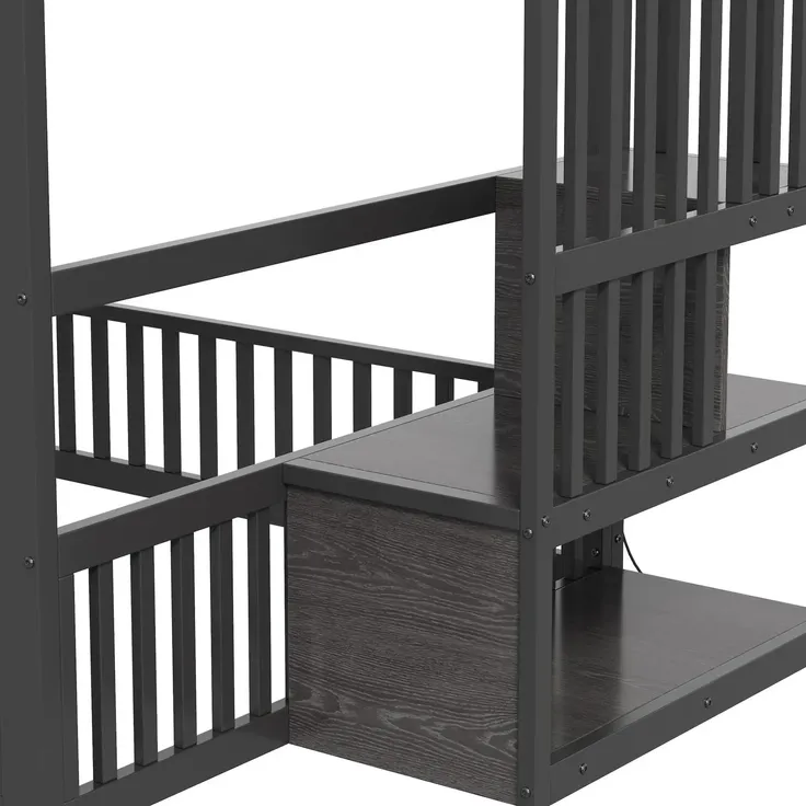 Etagenbett mit 1 Lattenrost, RGB LED-Streifen, Rausfallschutz und Tür, Treppe mit Regal, 140x200 cm, Kinderbett, Metallbett – Bild 9