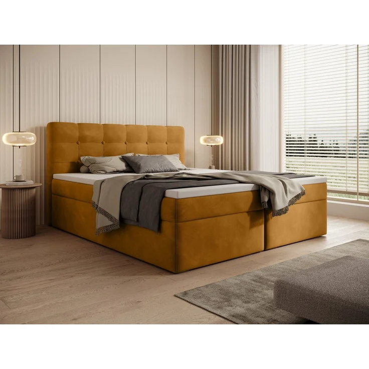 thematys Boxbett Luxus mit Bettkasten 160x200cm, mit Bonnellfederkernmatratze H3, Bouclé/Velours, mit Stauraum, mit 3 cm Topper, Senfgelb (Holland 410), Art.-Nr. S0WGG0ANBPP – Bild 3